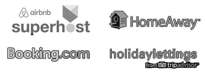 Logos Airbnb Superhost, HomeAway, Booking.com et TripAdvisor en niveaux de gris pour les locations de luxe GuestLee à Genève, Verbier et dans les Alpes suisses. | Location de luxe GuestLee Suisse